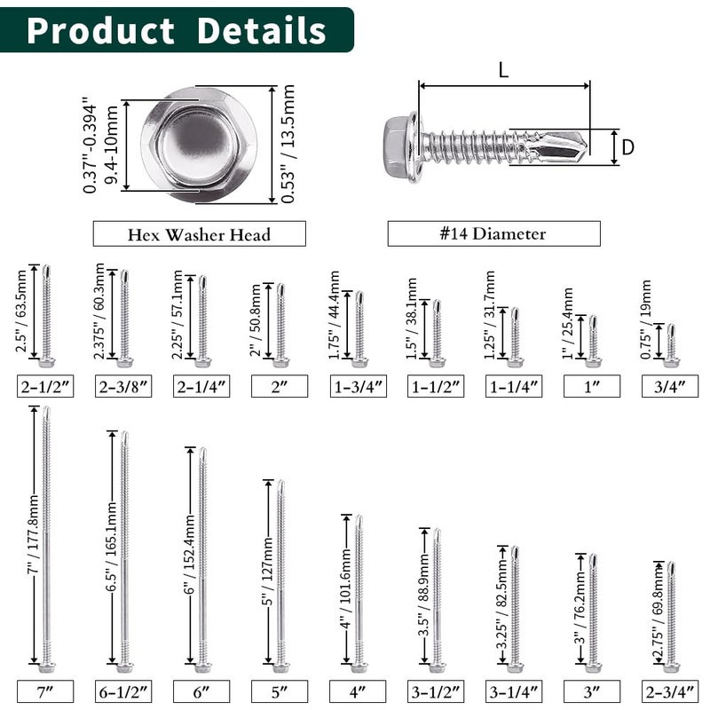 EASTLO #14 x 1 (50 pcs) Hex Washer Head Self Drilling Screws  410 Stainless Steel Metal Sheet Tek Screws  Self Tapping Point  No Pre-drilled Hole Needs - Image 5